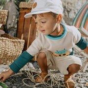 Chandail de maille à manches longue vert, crème et motif jacquard insecte, bébé || Long sleeve knitted sweater in green, cream and insect jacquard pattern, baby