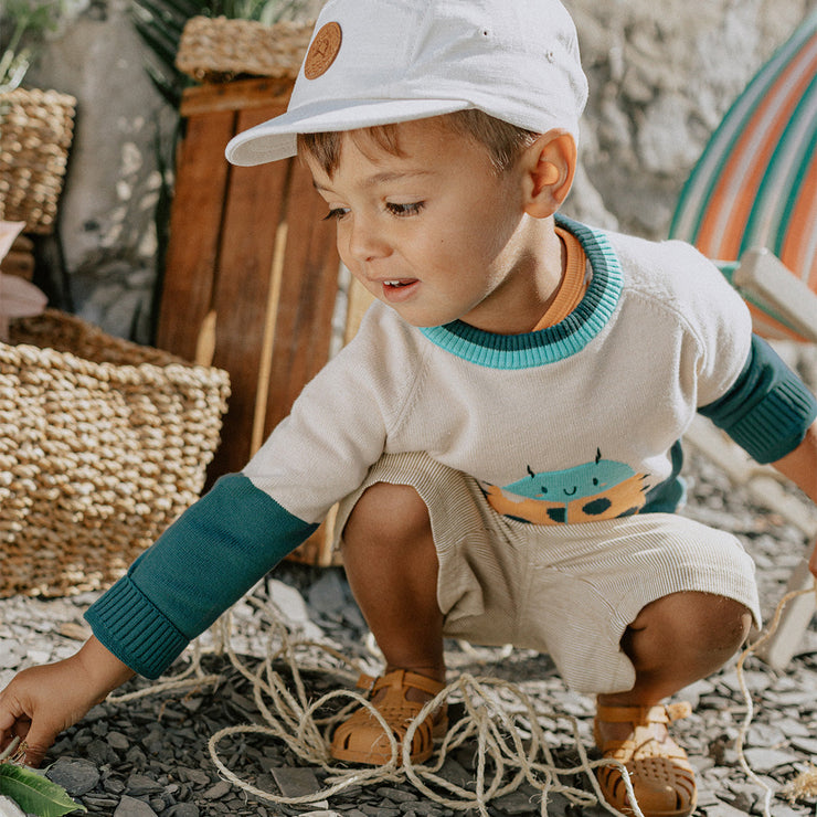 Chandail de maille à manches longue vert, crème et motif jacquard insecte, bébé || Long sleeve knitted sweater in green, cream and insect jacquard pattern, baby