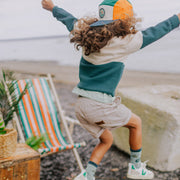 Chandail de maille à manches longue vert et crème à motif jacquard insecte, enfant || Long sleeves knitted sweater in green and cream with insect jacquard pattern, child
