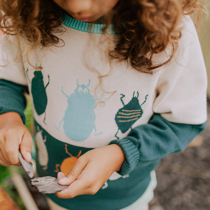 Chandail de maille à manches longue vert et crème à motif jacquard insecte, enfant || Long sleeves knitted sweater in green and cream with insect jacquard pattern, child