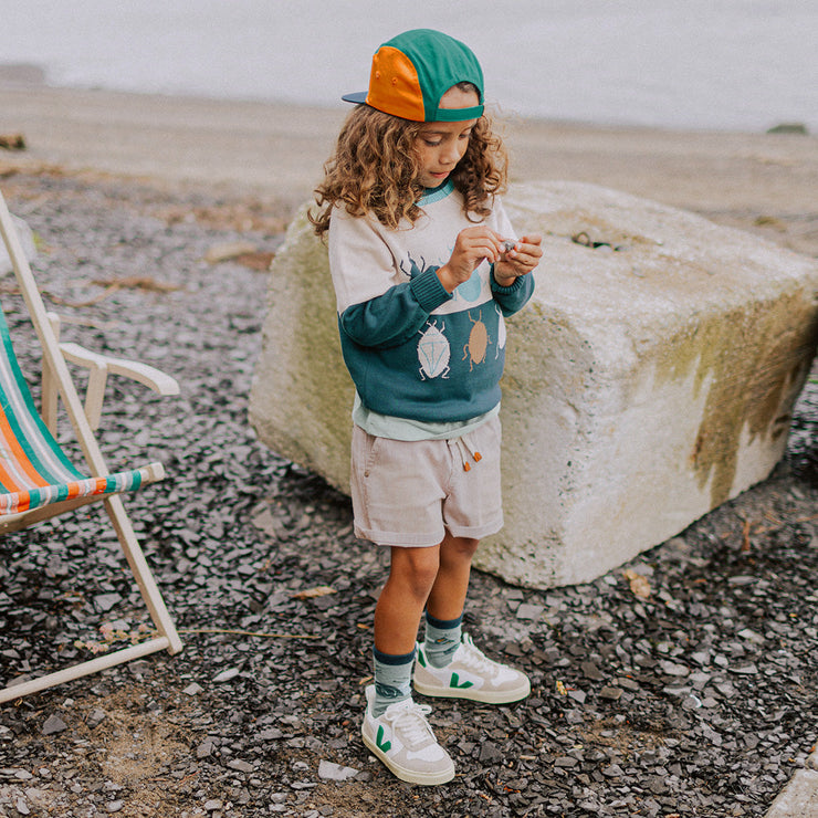 Chandail de maille à manches longue vert et crème à motif jacquard insecte, enfant || Long sleeves knitted sweater in green and cream with insect jacquard pattern, child