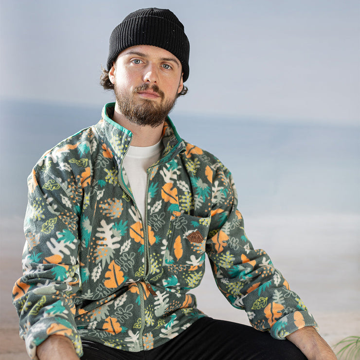 Veste de polar verte à motif représentant la nature avec col montant, adulte || Green polar fleece vest with nature print with high collar, adult