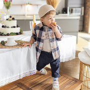 Chemise à manches longues orange et marine à carreaux en lin et coton, bébé || Orange and navy plaid long sleeves shirt in linen and cotton, baby