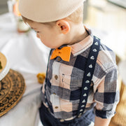 Chemise à manches longues orange et marine à carreaux en lin et coton, bébé || Orange and navy plaid long sleeves shirt in linen and cotton, baby