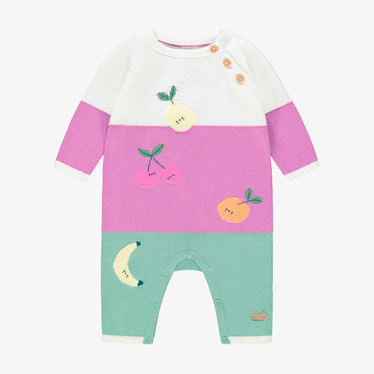 Combinaison crème, mauve et turquoise en tricot avec motifs fruités, naissance