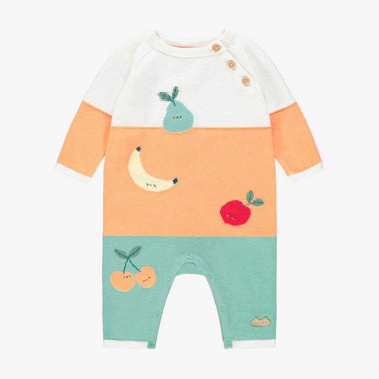 Combinaison crème, orange et turquoise en tricot avec motifs fruités, naissance  