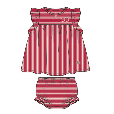 Robe et bloomer rouge et crème à rayures, naissance