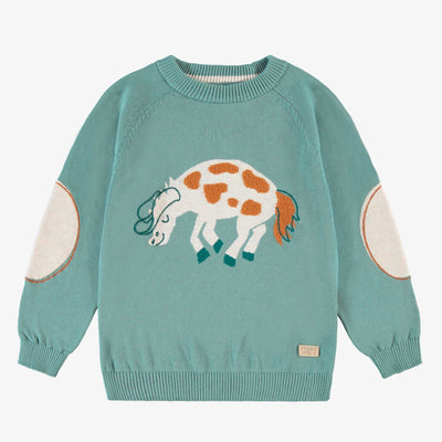 Chandail turquoise en tricot à motif de cheval, enfant 