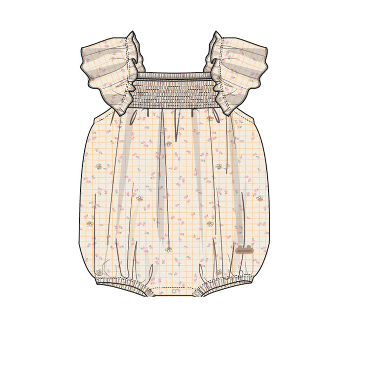 Barboteuse crème à carreaux et motif floral, naissance