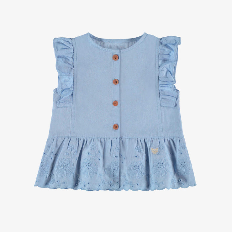 Blouse bleue avec broderie anglaise, enfant