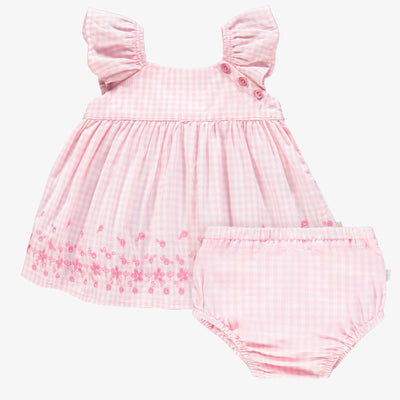 Robe et bloomer rose à carreaux et broderie anglaise, naissance