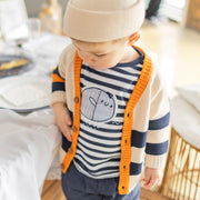 T-shirt à manches courtes blanc et marin rayé avec illustration, bébé || White and navy striped short sleeves t-shirt with print, baby