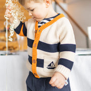 Veste de maille côtelée à rayures marine et crème, bébé || Navy and cream striped ribbed vest, baby