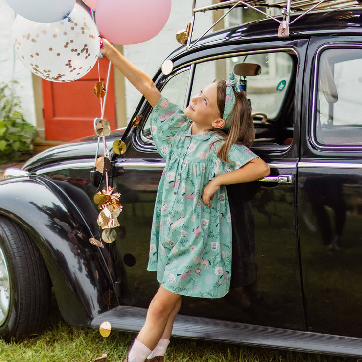 Combishort turquoise cendré en popeline scintillante à motifs de chevaux, enfant