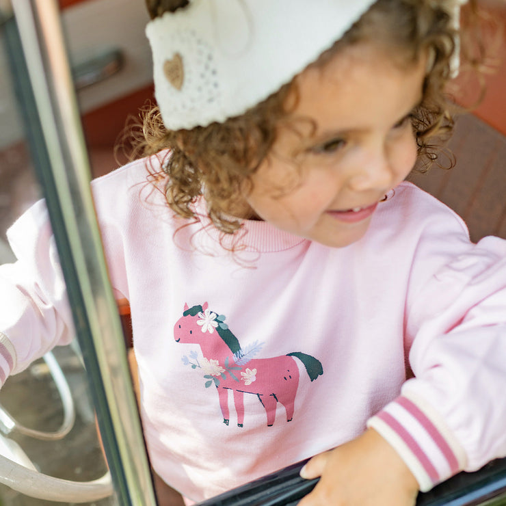 Chandail rose en coton français avec imprimé de cheval, bébé