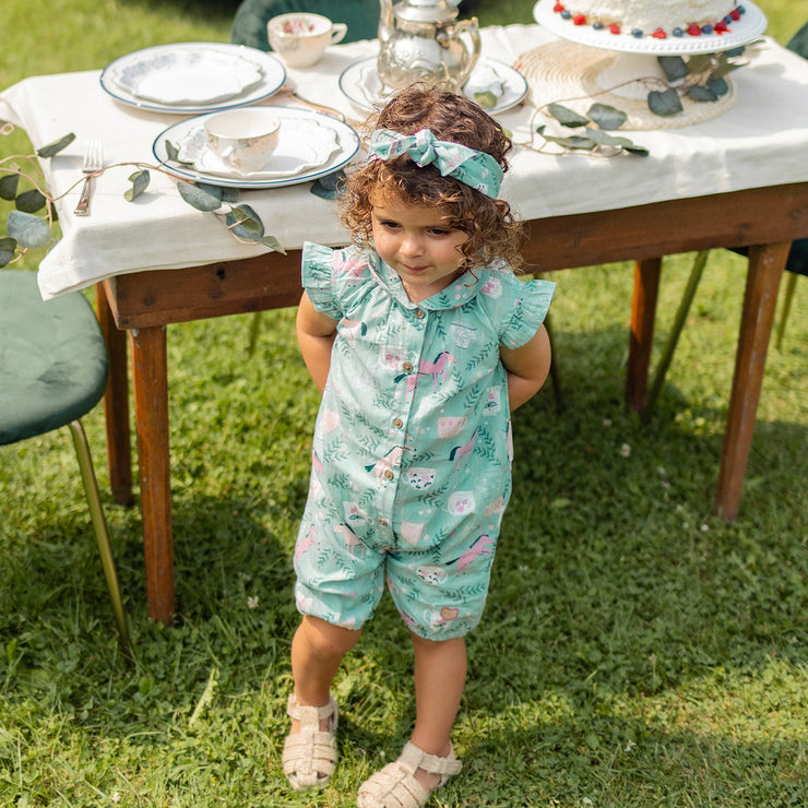 Combishort turquoise en popeline scintillante à motifs de chevaux, bébé