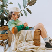 Chandail de maille manches longues vert, crème et orange, enfant || Long sleeves rib knit sweater green, cream orange, child