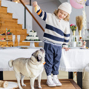 Chandail crème à manches longues coupe décontractée avec rayures marines, enfant || Long sleeves relaxed fit sweater with navy cream and orange stripes, child