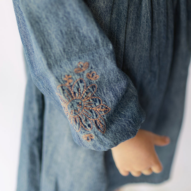 Robe coupe régulière/évasée à manches longues avec effet plissé en denim léger, bleu foncé, enfant