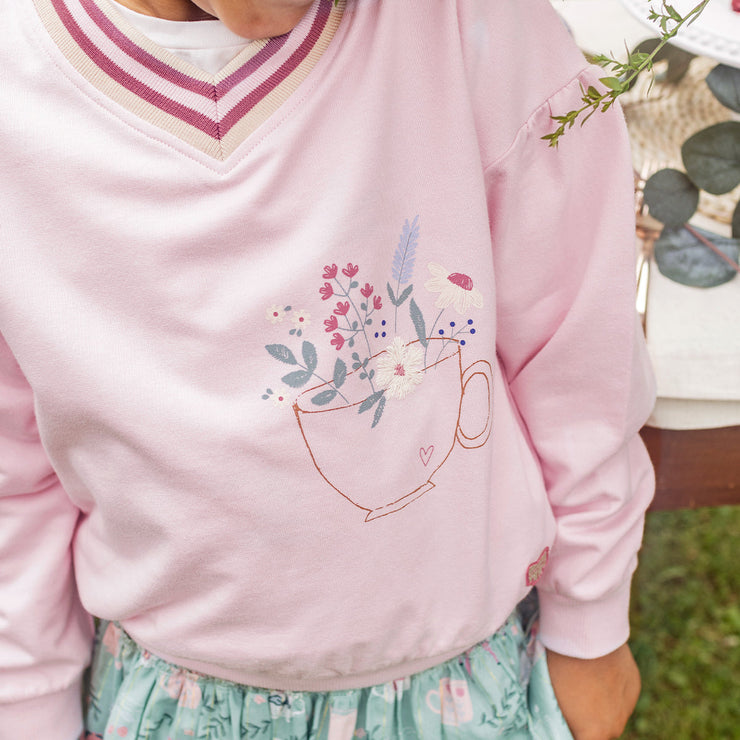 Détails du chandail rose en coton français avec illustration, enfant
