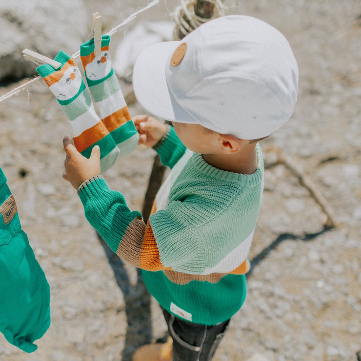 Chandail de maille côtelée manches longues vert, crème orange, bébé || Long sleeves rib knit sweater green, cream orange, baby