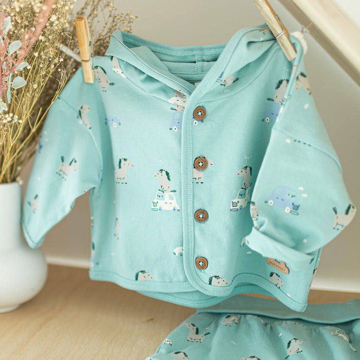 Ensemble deux pièces turquoise cendré à motifs de chevaux, naissance