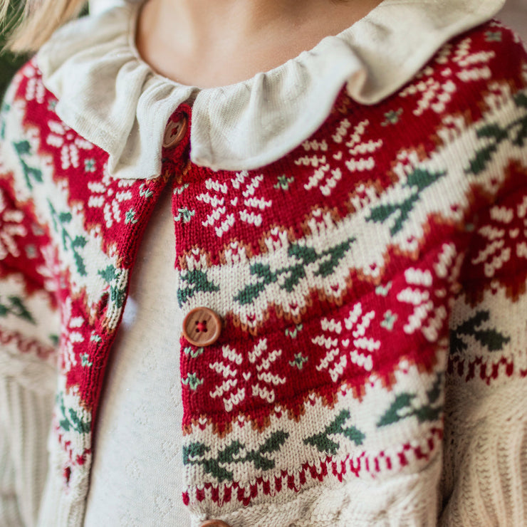Cardigan en tricot crème et rouge à motifs des fêtes, enfant || Cream and red knit cardigan with holiday all over print, child