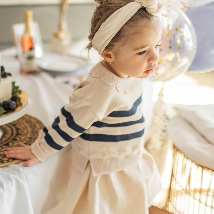 Chandail de maille manches longues crème et marine, bébé || Cream and navy long sleeves knit sweater, baby