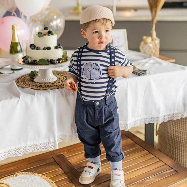 Pantalon coupe ajustée marin en coton et lin, bébé || Navy slim fit pants in cotton and linen, baby