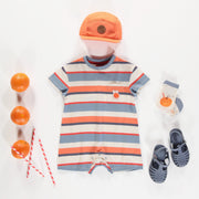 Une pièce manches courtes bleue, crème et orange à rayures en coton, bébé || Blue, cream and orange short sleeves one piece with stripes in cotton, baby