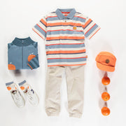 T-shirt à manches courtes coupe décontractée beige, pêche, bleu à rayures, Enfant || Beige, peach, blue short sleeves relaxed fit t-shirt with stripes, child