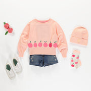 Chandail de maille manches longues pêche motif jacquard fruité, Enfant || Peach long sleeve knitted sweater fruity jacquard pattern, Child
