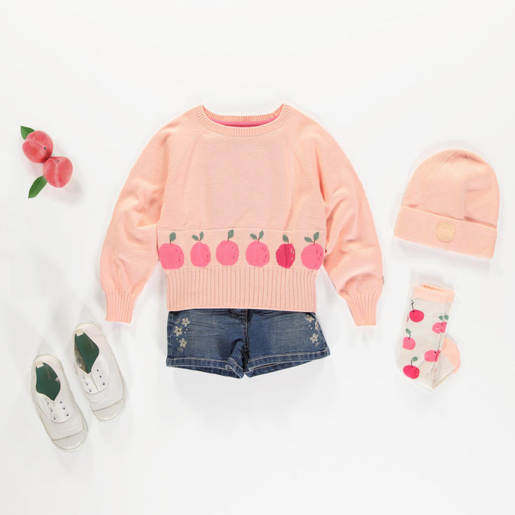 Chandail de maille manches longues pêche motif jacquard fruité, Enfant || Peach long sleeve knitted sweater fruity jacquard pattern, Child