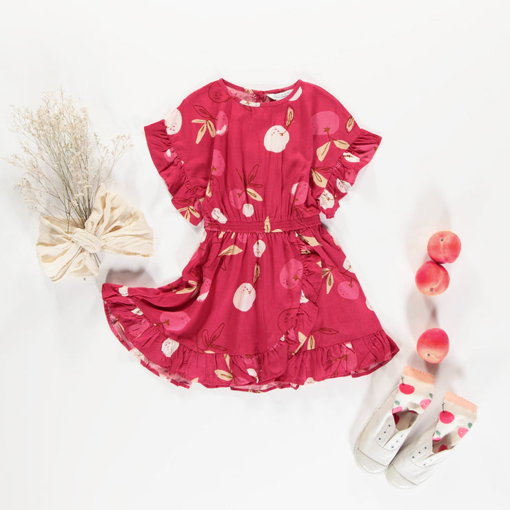 Robe coupe décontractée évasée manches courtes rose avec cerises, enfant || Pink short sleeves relaxed fit flared dress with cherries, child