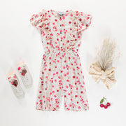 Une-pièce long à manches courtes crème à motif en viscose, enfant || Long cream one piece with short sleeves and print in viscose, child