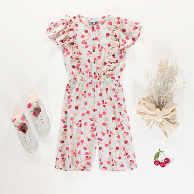 Une-pièce long à manches courtes crème à motif en viscose, enfant || Long cream one piece with short sleeves and print in viscose, child