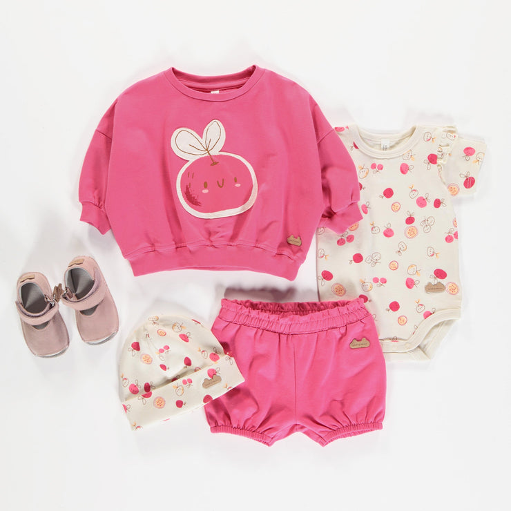 Short coupe ample rose en doux jersey de coton, naissance