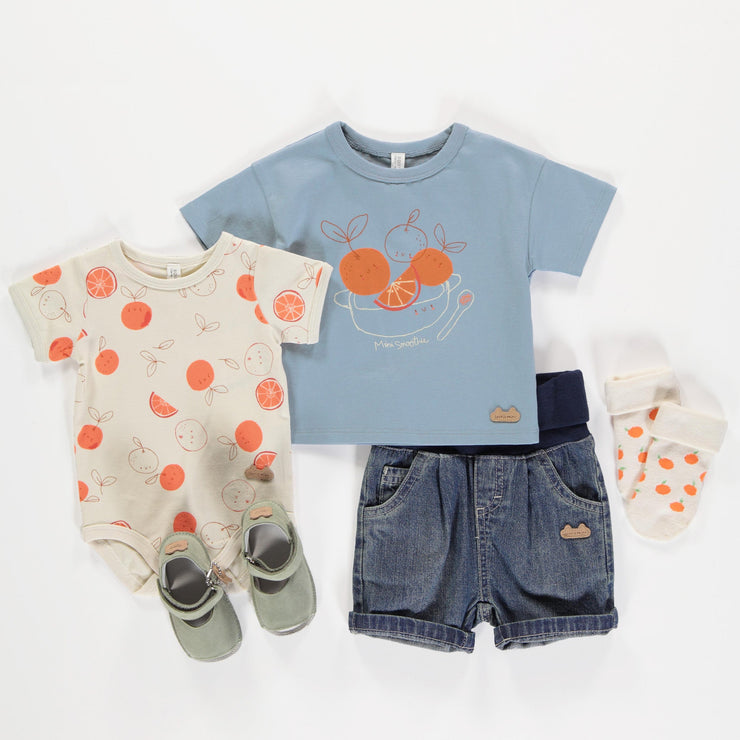 T-shirt à manches courtes bleu avec illustration, naissance