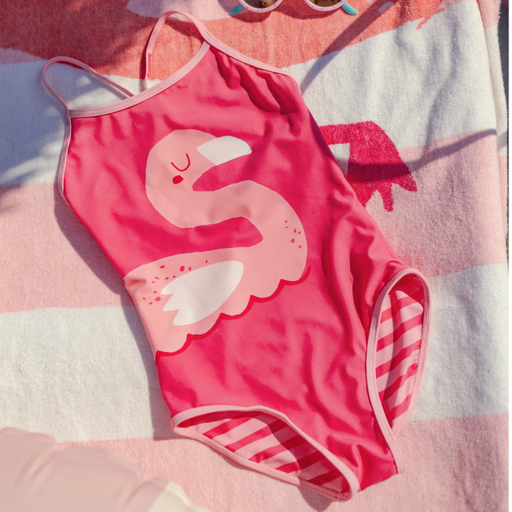 Maillot de bain une pièce rose réversible à rayures, enfant