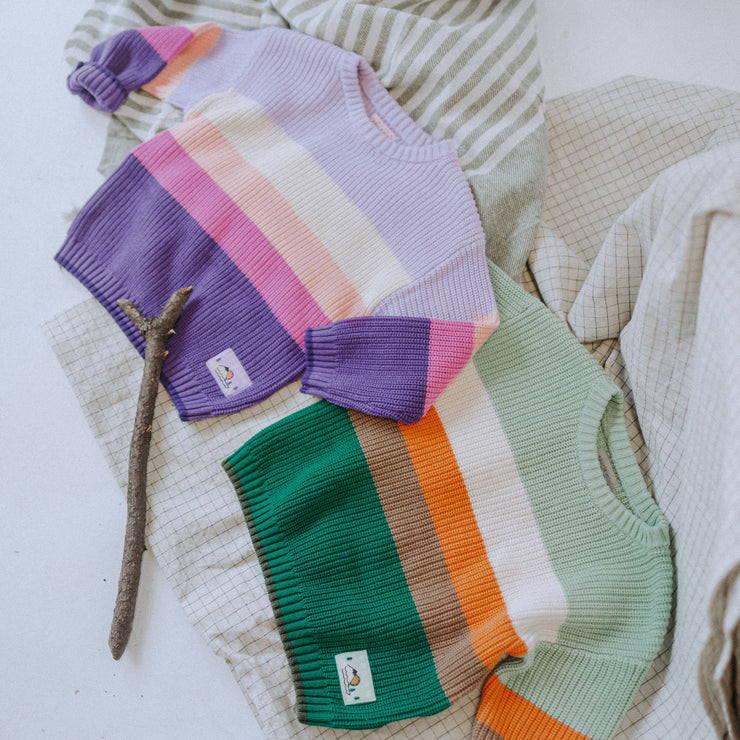 Chandail de maille côtelée manches longues mauve, crème et pêche, enfant || Purple, cream and peach long sleeve rib knit sweater, child