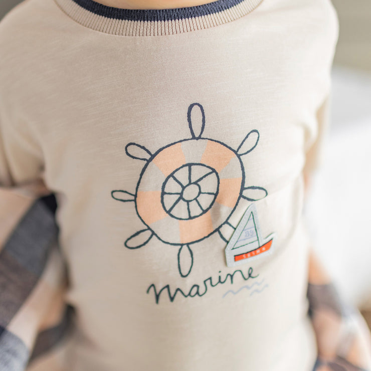 T-shirt à manches courtes beige avec illustration en coton extensible, bébé || Beige short sleeves t-shirt with print in stretch cotton, baby