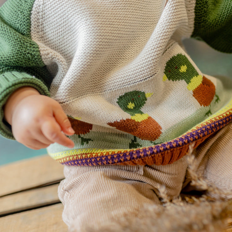 Chandail en tricot vert à motifs jacquard de canards, bébé || Green knit sweater with duck jacquard pattern, baby