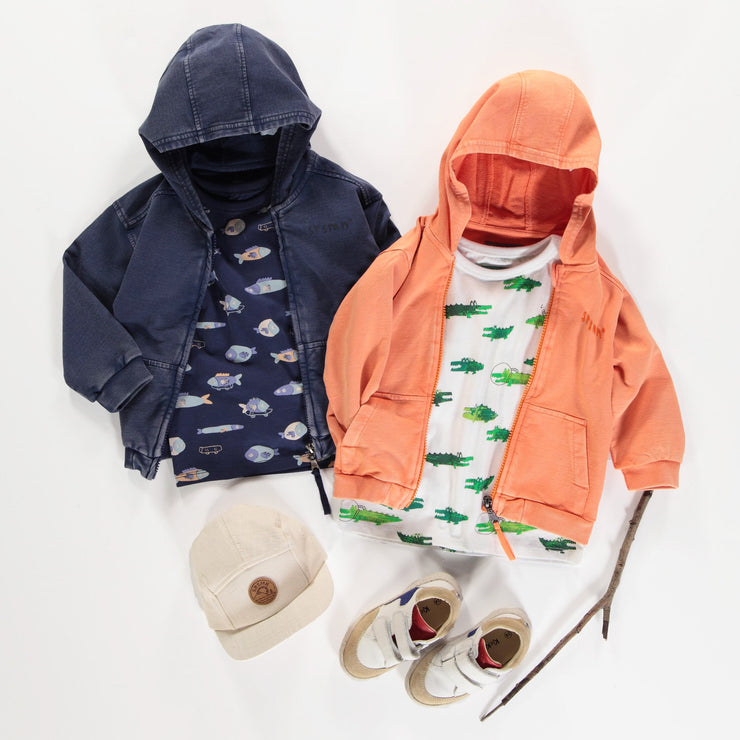 Chandail à capuchon et fermeture éclair orange en coton français, bébé || Orange hooded sweater with zipper in French terry, baby