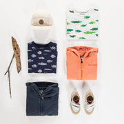 Chandail à capuchon et fermeture éclair marine en coton français, bébé || Navy hooded sweater with zipper in French terry, baby