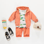 Chandail à capuchon et fermeture éclair orange en coton français, bébé || Orange hooded sweater with zipper in French terry, baby