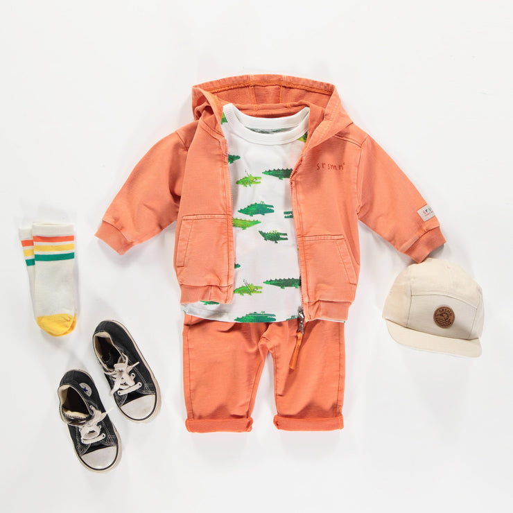 Chandail à capuchon et fermeture éclair orange en coton français, bébé || Orange hooded sweater with zipper in French terry, baby