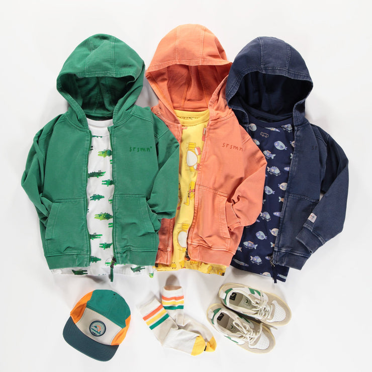 Chandail à capuchon et fermeture éclair marine en coton français, enfant || Navy hooded sweater with zipper in French terry, child