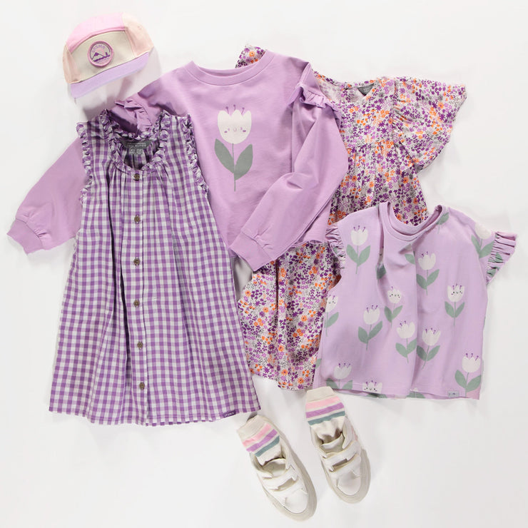 Robe à bretelles larges mauve et blanche à carreaux en seersucker, enfant