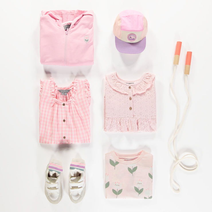 Robe à bretelles larges rose et blanche à carreaux en seersucker, enfant