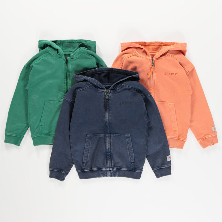Chandail à capuchon et fermeture éclair marine en coton français, enfant || Navy hooded sweater with zipper in French terry, child